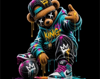 Streetwear Teddy PNG | Graffiti Bear Design | Urban Drip Bear Graphic | Neon Street Art | DTF DTG Print File