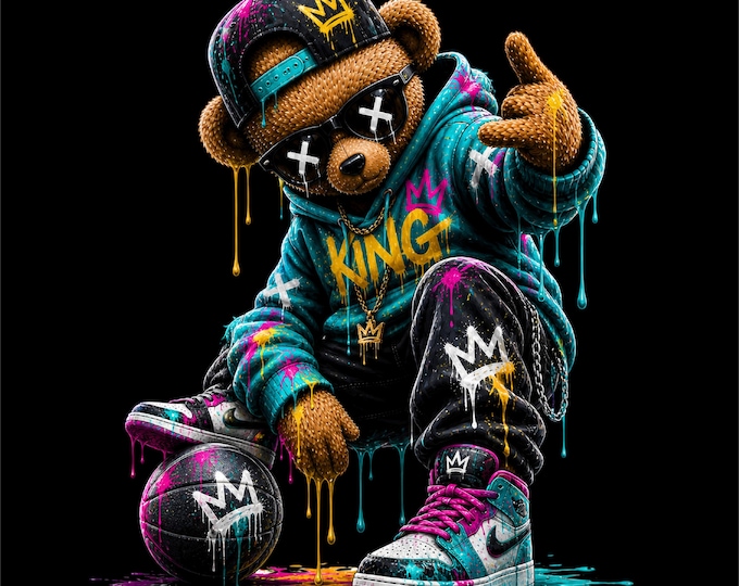 Streetwear Teddy PNG | Graffiti Bear Design | Urban Drip Bear Graphic | Neon Street Art | DTF DTG Print File