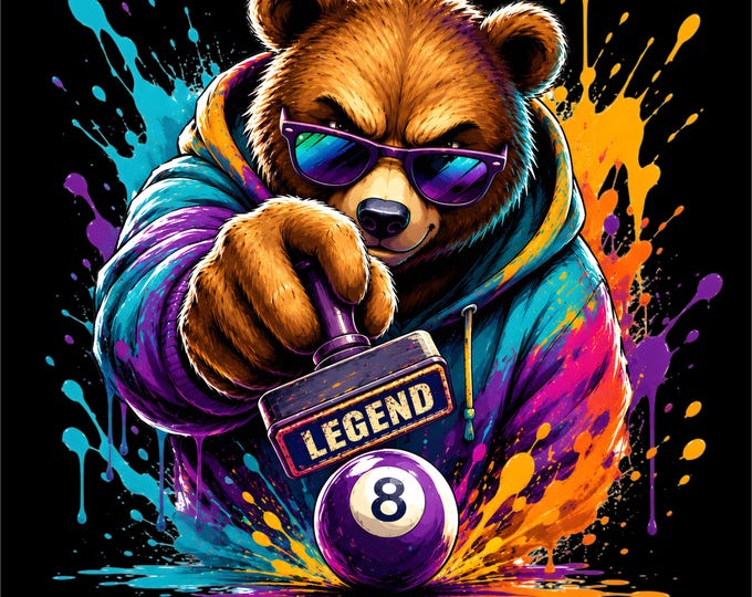 Billiards Bear PNG | Pool Player Teddy Bear Design | 8 Ball Legend Artwork | Colorful Pool Hall Graphic | Billiards Lover PNG |