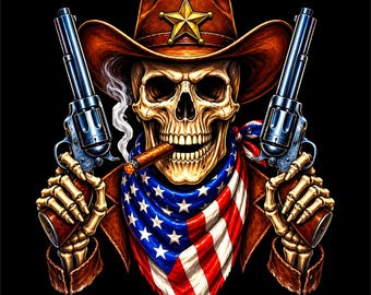 Skeleton Cowboy PNG | Western Skull Outlaw Design | Vintage Cowboy Graphic | Wild West T-Shirt Art | DTF DTG Print File