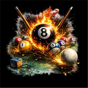 Puede incluir: Una ilustración dinámica de una escena de billar. La bola número 8 está en llamas, rodeada de otras bolas de billar numeradas, dos tacos y un cubo de tiza. El fondo es negro con chispas.