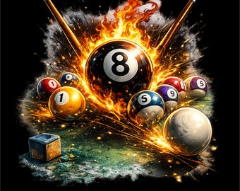 8 Ball Pool Fire Explosion PNG | Billiards Break Shot Design | Pool Balls T-Shirt Graphic | Billiard Art | Sublimation PNG Instant Download