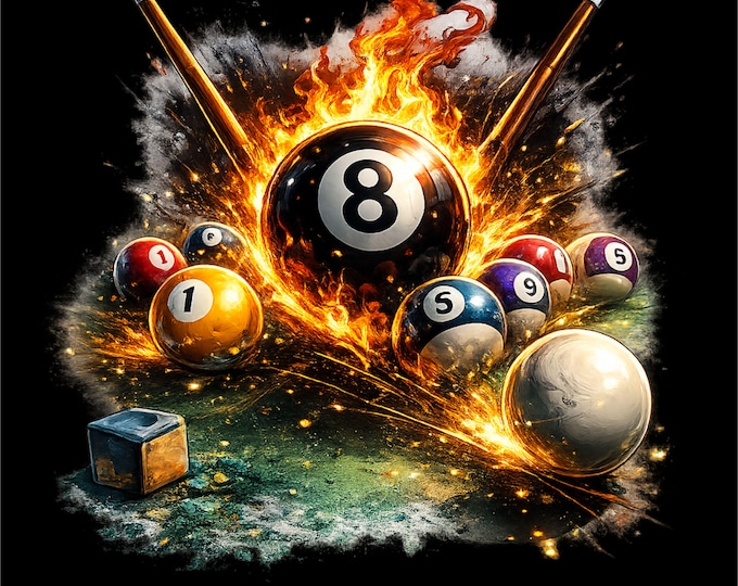 8 Ball Pool Fire Explosion PNG | Billiards Break Shot Design | Pool Balls T-Shirt Graphic | Billiard Art | Sublimation PNG Instant Download