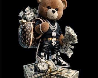 Money Teddy Bear Shirt PNG | Luxury Bear T-Shirt Design | Rich Bear Sublimation Graphic | Streetwear Gift PNG | Instant Download