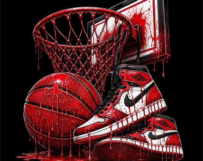 Red Basketball PNG Design | Basketball Hoop & Sneakers Artwork | Red Basketball Graphic | Basketball Shoes PNG | Hoops Streetwear