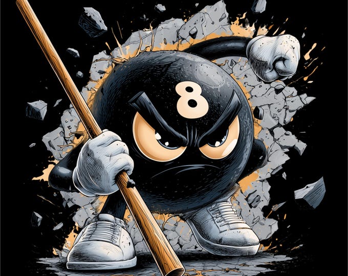 Angry 8 Ball PNG | Pool Billiards Shirt Design | Eight Ball Warrior | Pool Player T-Shirt PNG | Cue Stick Cartoon Graphic | Instant Download