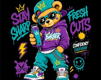 Stay Sharp Teddy Bear PNG, Fresh Cuts Streetwear Design, Hip Hop Bear Graphic, Urban Teddy PNG,