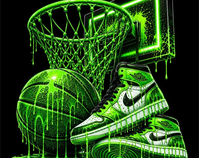 Neon Green Basketball PNG Design | Basketball Hoop & Sneakers Artwork | Green Basketball Graphic | Basketball Shoes PNG |