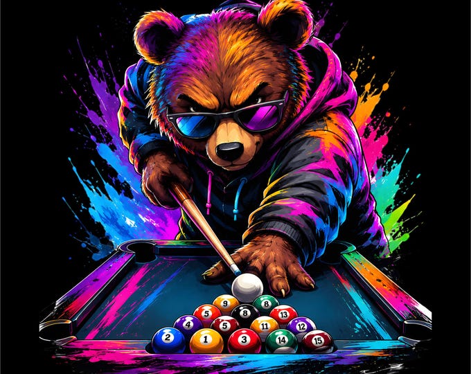 Pool Bear PNG | Billiards Teddy Bear Design | Colorful Pool Player Artwork | Cue Sports Graphic | Neon Pool Table PNG |