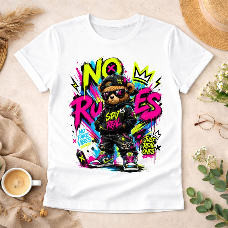 May include: White t-shirt featuring a graphic of a teddy bear wearing sunglasses, a cap, and a hoodie. The design includes the words "NO RULES" in bright colors, along with other text and graffiti-style elements.