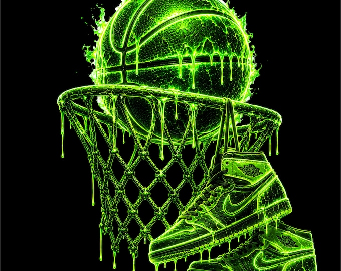 Green Neon Basketball PNG | Glowing Basketball Hoop Design | Electric Sports Graphic | Basketball Lover Artwork | Neon Sneaker PNG |