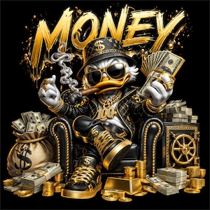 Könnte beinhalten: Ein Cartoon-Bild einer Ente mit Hut, Sonnenbrille und Goldschmuck, die eine Zigarre raucht und Geld hält. Das Wort "MONEY" steht in Gold über der Ente. Geldscheine, Goldbarren und ein Tresor sind ebenfalls zu sehen.