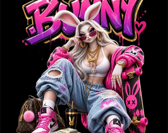 Bunny Girl PNG Design | Skateboard Girl Artwork | Pink Bunny Streetwear PNG | Cute Urban Girl Graphic | Skater Girl PNG |