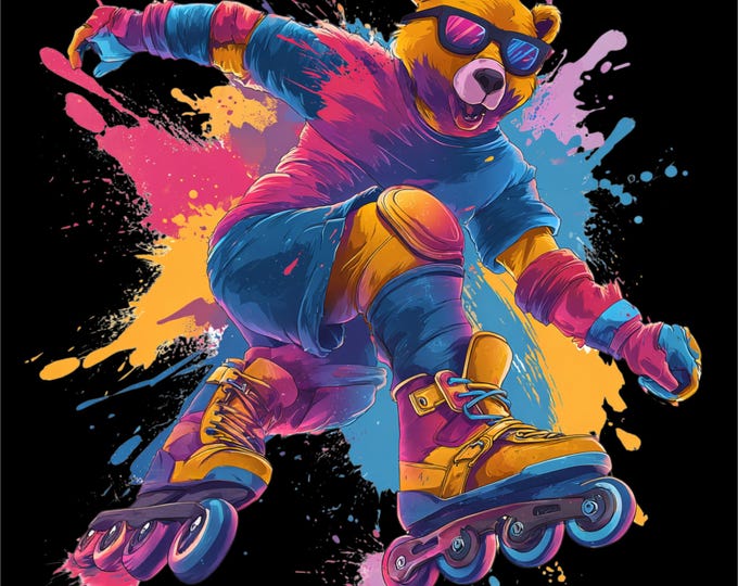 Roller Bear PNG | Inline Skating Illustration | Skating Animal Character | Urban Streetwear Design | DTF DTG Print File