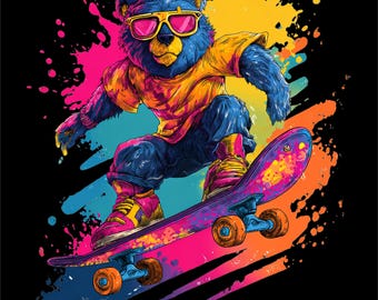 PNG de oso patinador / Diseño de monopatín neón / Arte de oso con salpicaduras de color / Gráfico de skater urbano / Archivo de impresión DTF DTG