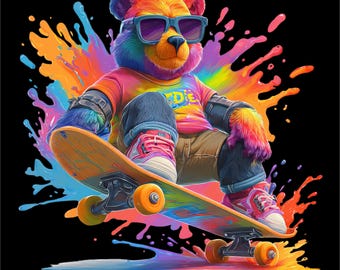 Skate Bear PNG | Skateboarding Bear Design | Color Splash Skate Art | Cute Skate Animal | DTF DTG Print File
