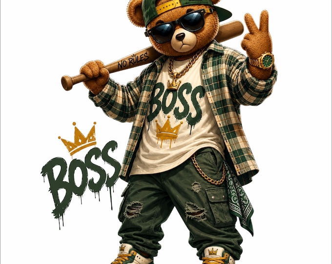 Boss Bear PNG Design | Teddy Bear Streetwear Artwork | Hip Hop Bear with Baseball Bat | Cool Bear PNG | Urban Bear with Cap & Sunglasses |