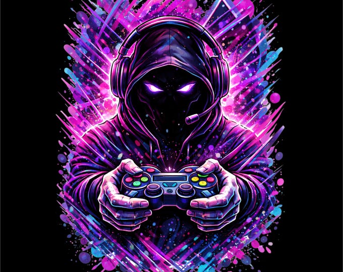 Gamer PNG | Neon Gaming Illustration | Hooded Gamer Art | Esports Streetwear Design | DTF DTG Print File
