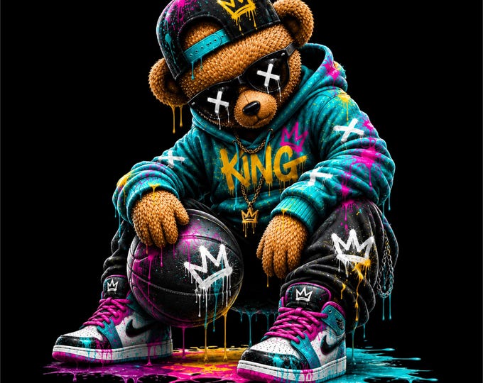 King Bear PNG Design | Basketball Teddy Bear Artwork | Hip Hop Bear with Cap & Sneakers | Streetwear Bear PNG | Urban Basketball Graphic