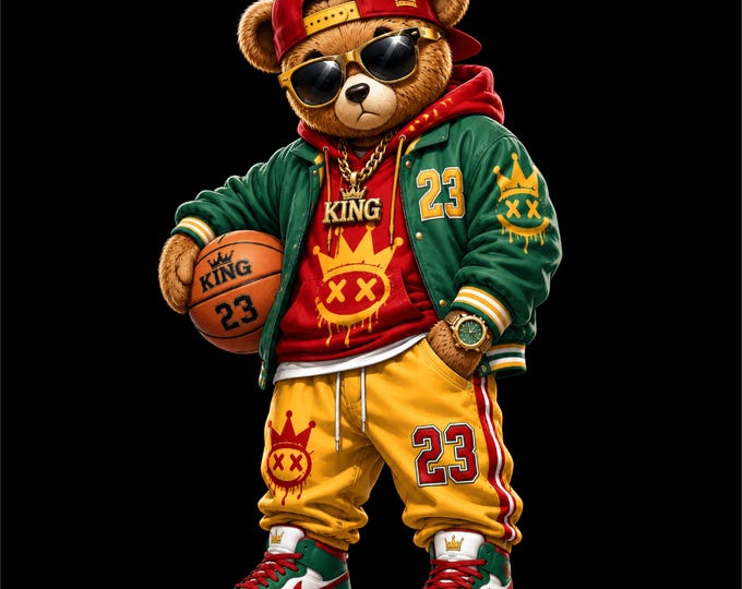 Basketball Bear PNG Design | Basketball Teddy Bear Artwork | King Bear with Basketball | Hip Hop Bear PNG | Cool Sports Bear Streetwear