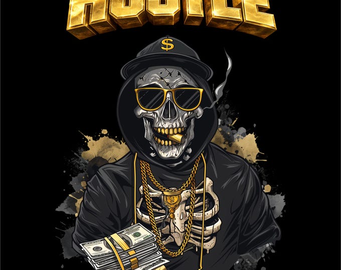 Hustle Skull PNG | Gold Chains, Money, Streetwear Design (Instant Download)