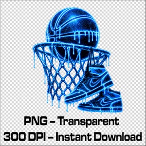 May include: A digital graphic featuring a basketball and a basketball hoop with a net, accompanied by two high-top sneakers. The entire composition is rendered in a glowing blue neon style with a dripping liquid effect throughout the design.