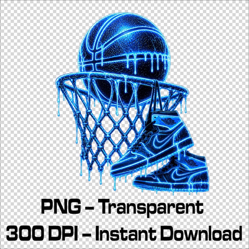 May include: A digital graphic featuring a basketball and a basketball hoop with a net, accompanied by two high-top sneakers. The entire composition is rendered in a glowing blue neon style with a dripping liquid effect throughout the design.