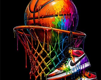 PNG de aro de baloncesto / Diseño de baloncesto y zapatillas con efecto goteo / Gráfico deportivo urbano / Arte de aros coloridos / Archivo de impresión DTF/DTG