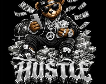 Design PNG do Hustle Bear | Arte de Urso de Pelúcia com Dinheiro | Gráfico de Moda Urbana de Luxo | Ilustração Urbana Hip Hop | PNG de Estilo de Vida Hustle
