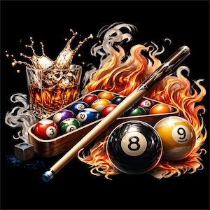 May include: A digital illustration of a billiards scene with a black background. A glass of whiskey with ice sits next to a wooden rack of billiard balls. A pool cue rests on the balls, with a number 8 and 9 ball in the foreground, and flames and smoke surround the scene.