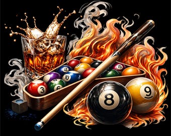 Billiards PNG | Pool Table Graphic Design | Fire Pool Balls Art | Cue Stick Illustration | DTF DTG Print File