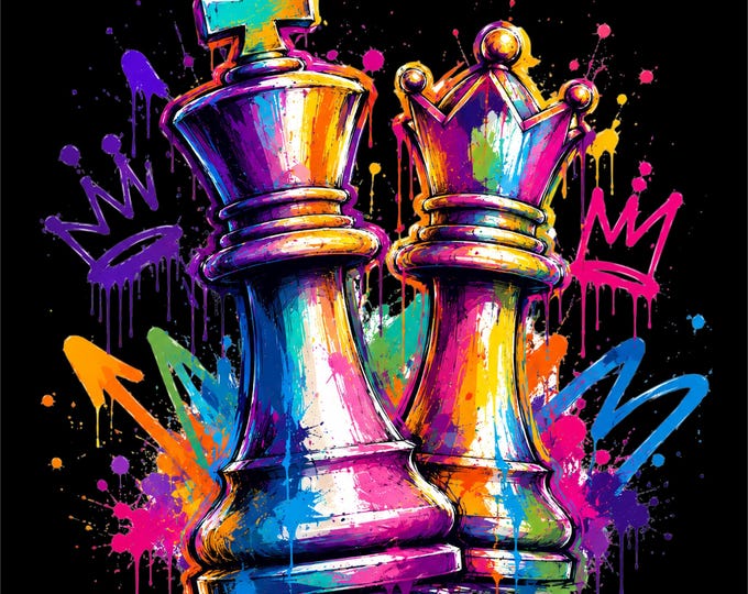 Colorful Chess King and Queen PNG | Chess Strategy Artwork | Graffiti Chess Design | Modern Chess Graphic | DTF DTG  Download