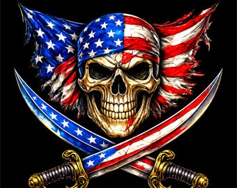 Pirate Skull PNG | Patriotic Skeleton Pirate Design | Crossed Swords Graphic | Vintage Rebel Art | DTF DTG Print File