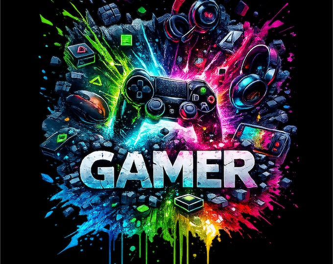 Colorful Gamer T-Shirt Design | Video Game PNG Graphic (Instant Download)