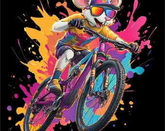 Mouse Biker PNG | Cycling Mouse Illustration | Mountain Bike Animal Art | Color Splash Bike png | DTF DTG Print File