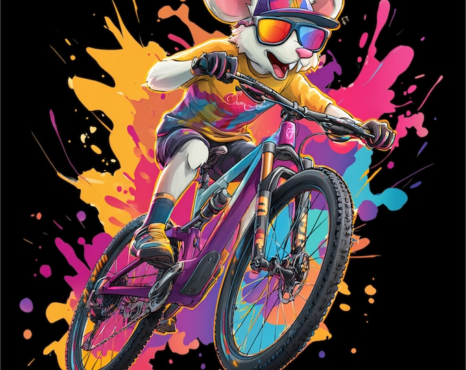 Mouse Biker PNG | Cycling Mouse Illustration | Mountain Bike Animal Art | Color Splash Bike png | DTF DTG Print File
