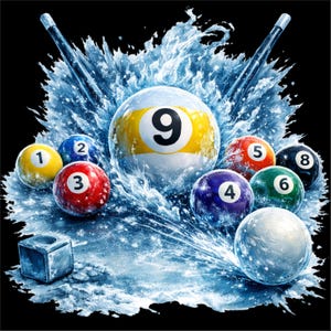 May include: A vibrant graphic featuring a nine-ball pool ball with the number 9 prominently displayed, surrounded by other numbered pool balls and water effects. Two pool cues are positioned above the balls against a black background.