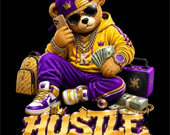 Urso de pelúcia Hustle King PNG | Design de urso de luxo para streetwear | Gráfico dourado Hustle | Arte de urso para sucesso urbano | Arquivo para impressão DTF/DTG