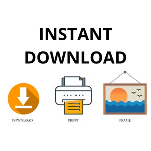 K&ouml;nnte beinhalten: Sofortiges Download-Grafik mit einem gelben Download-Symbol, einem Druckersymbol und einem gerahmten Bild eines Sonnenuntergangs &uuml;ber dem Meer. Der Text "INSTANT DOWNLOAD" befindet sich &uuml;ber den Symbolen.