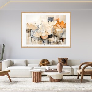 K&ouml;nnte beinhalten: Ein gerahmtes Aquarellbild von stilisierten Blumen in Orange-, Braun- und Wei&szlig;t&ouml;nen auf wei&szlig;em Hintergrund. Die Blumen haben ein geometrisches Muster und sind vor einem Hintergrund aus abstrakten Formen angeordnet.