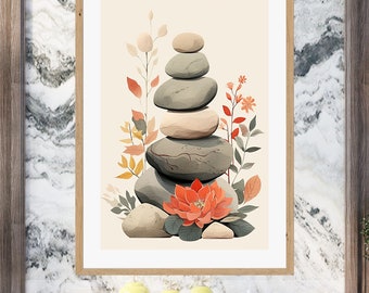 Lámina de meditación con piedras zen: Decoración de yoga espiritual (descarga digital)