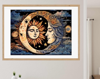 太陽と月の禅曼荼羅アートプリント：カラフルな天体イラスト（デジタルダウンロード）