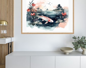 鯉の禅風景ウォールアート：スピリチュアル瞑想ポスター（デジタルダウンロード）