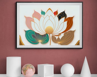 蓮の花のアートプリント：カラフルな禅風の壁飾り（デジタルダウンロード）