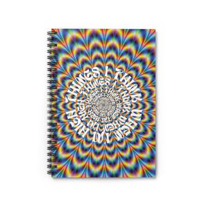 Könnte beinhalten: Ein Spiralblock mit einem bunten psychedelischen Design, das die Worte "Things I Know" in einem Kreis wiederholt.