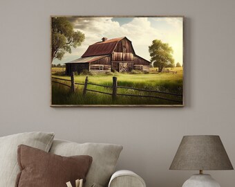 May include: A rustic wooden barn with a red roof sits in a field of green grass. The barn has a wooden fence in front of it and a blue sky with white clouds above.