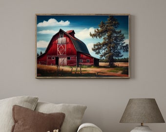 Printable Rustic Red Barn Oilpainting, Country Wall Art Digital Download, Vintage Landscape Art