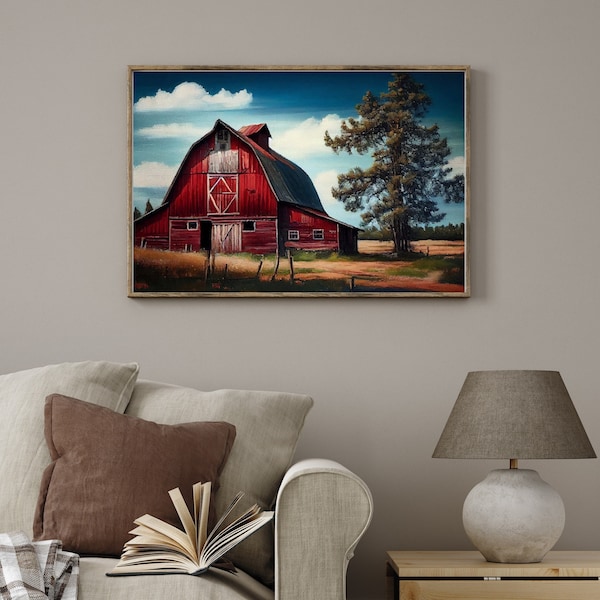 Printable Rustic Red Barn Oilpainting, Country Wall Art Digital Download, Vintage Landscape Art