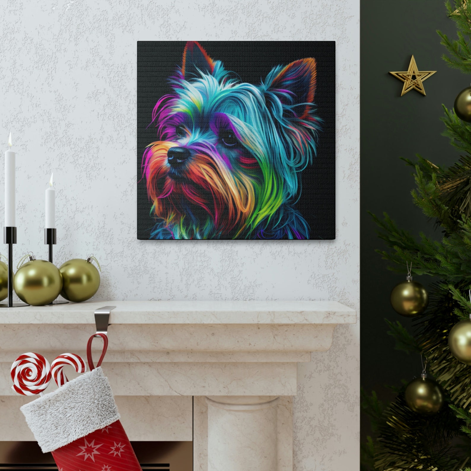 Abstract Colorful Neon Yorkshire Terrier Painting on Canvas, Yorkshire