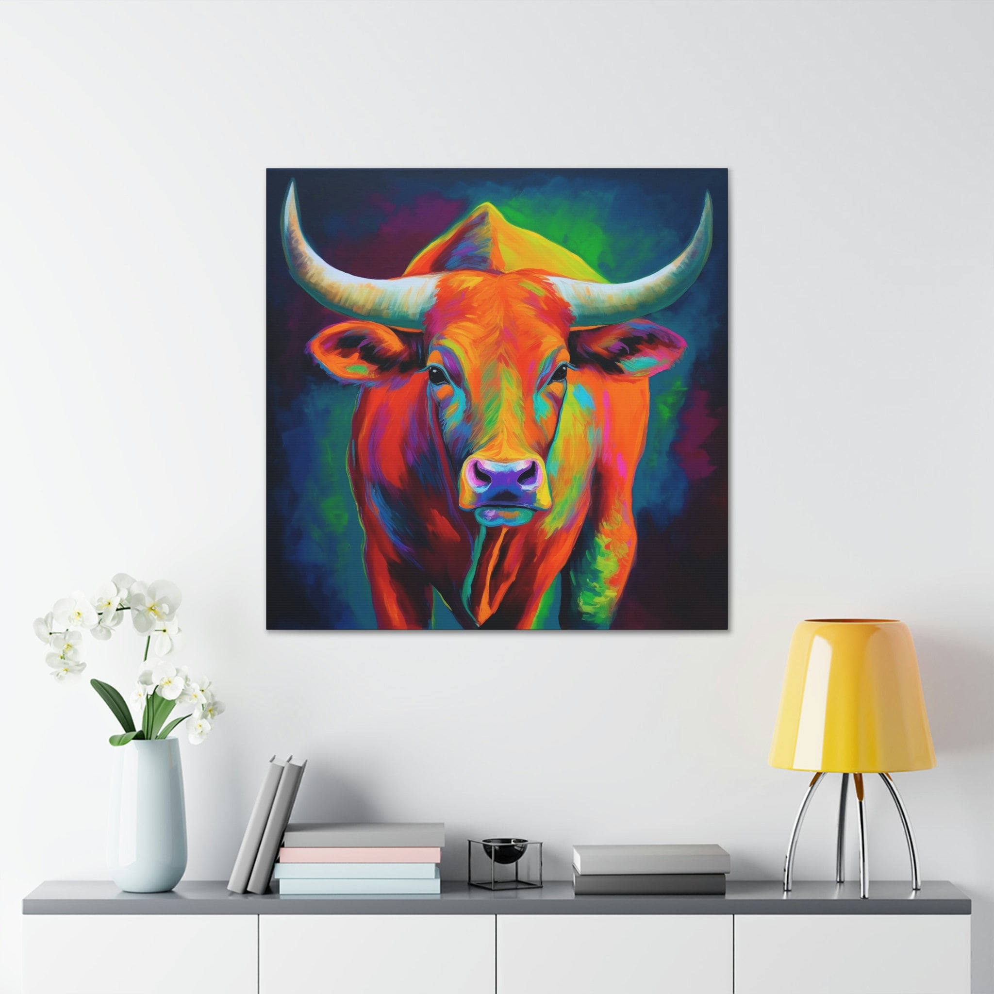 Abstract Colorful Bull Painting on Canvas, Longhorn Wall Art, Bull Wall